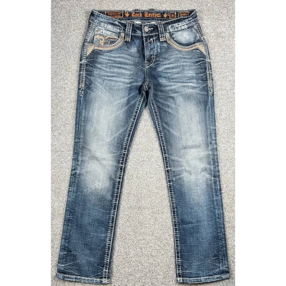 Rock Revival Tarmon Straight Jeans Mens 32x32 Medium Wash Distressed Denim